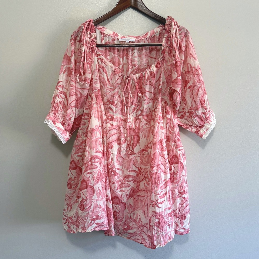 Olivaceous Women's Pink Tropical Lace Trim Floral Babydoll Mini Dress Size Large